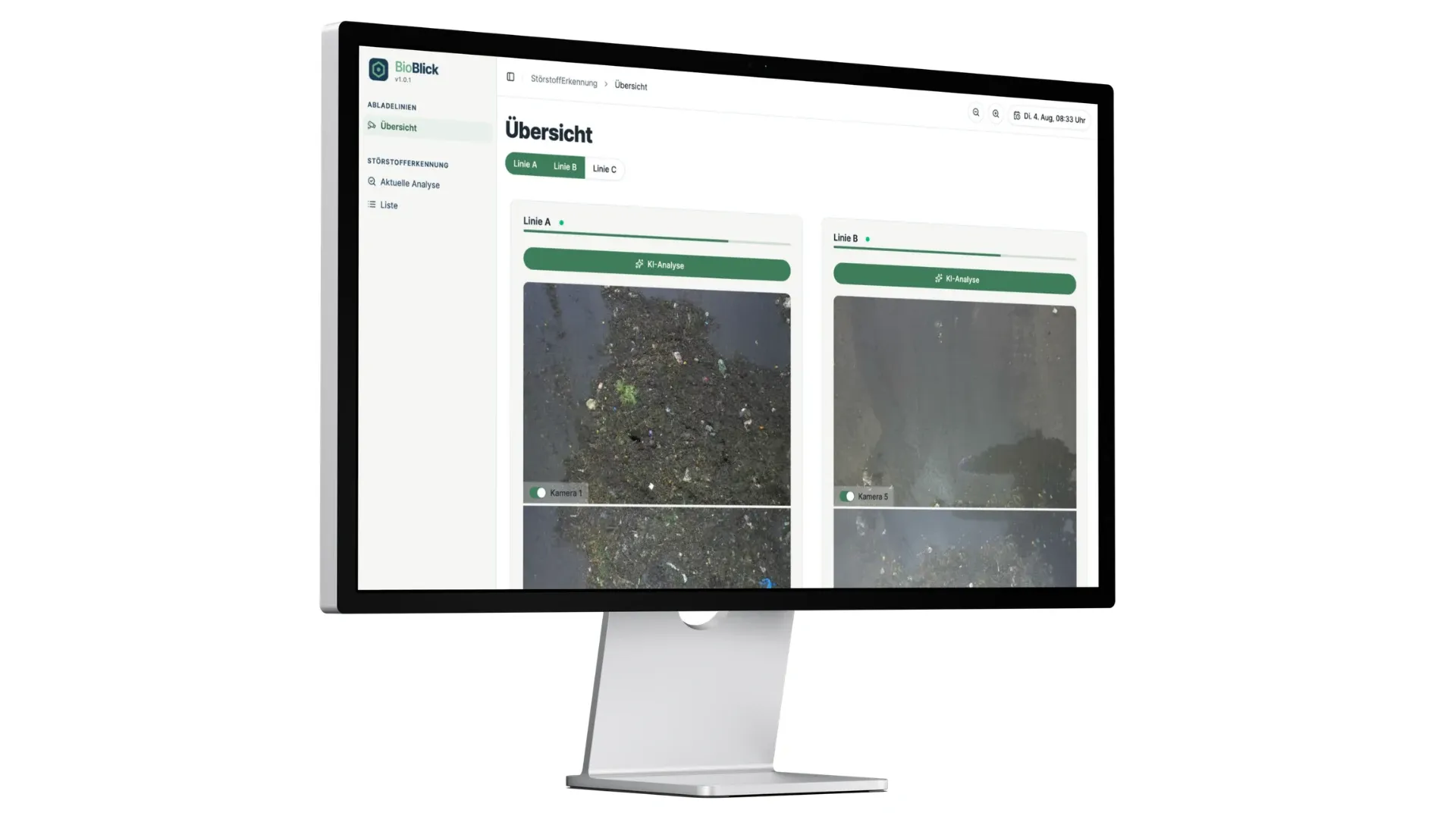 BioBlick-Software auf einem Monitor: Übersicht der Abladelinien mit Live-Kamerabildern von Linie A und Linie B